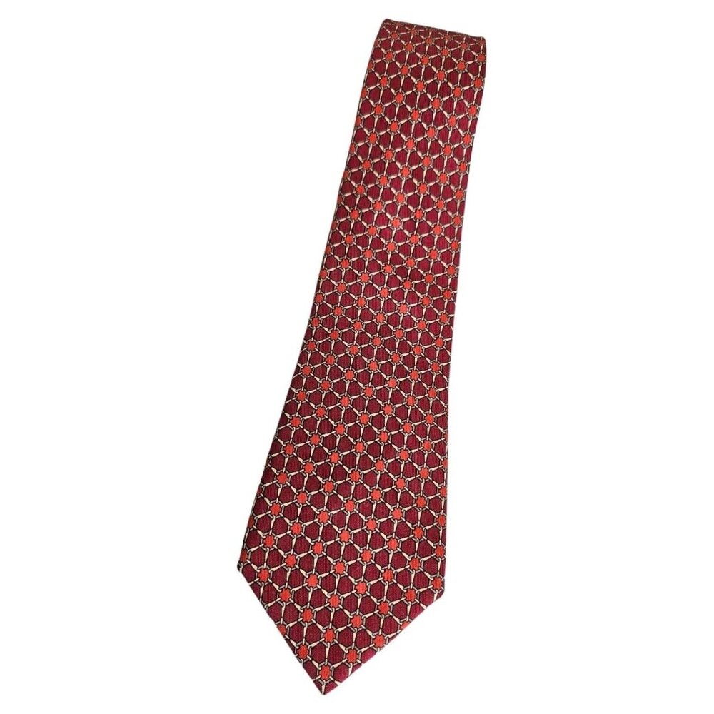 HERMÈS Men's 100% Silk Necktie LUXURY Tie 7052 TA Burgundy Chain Link W:3.2" EUC